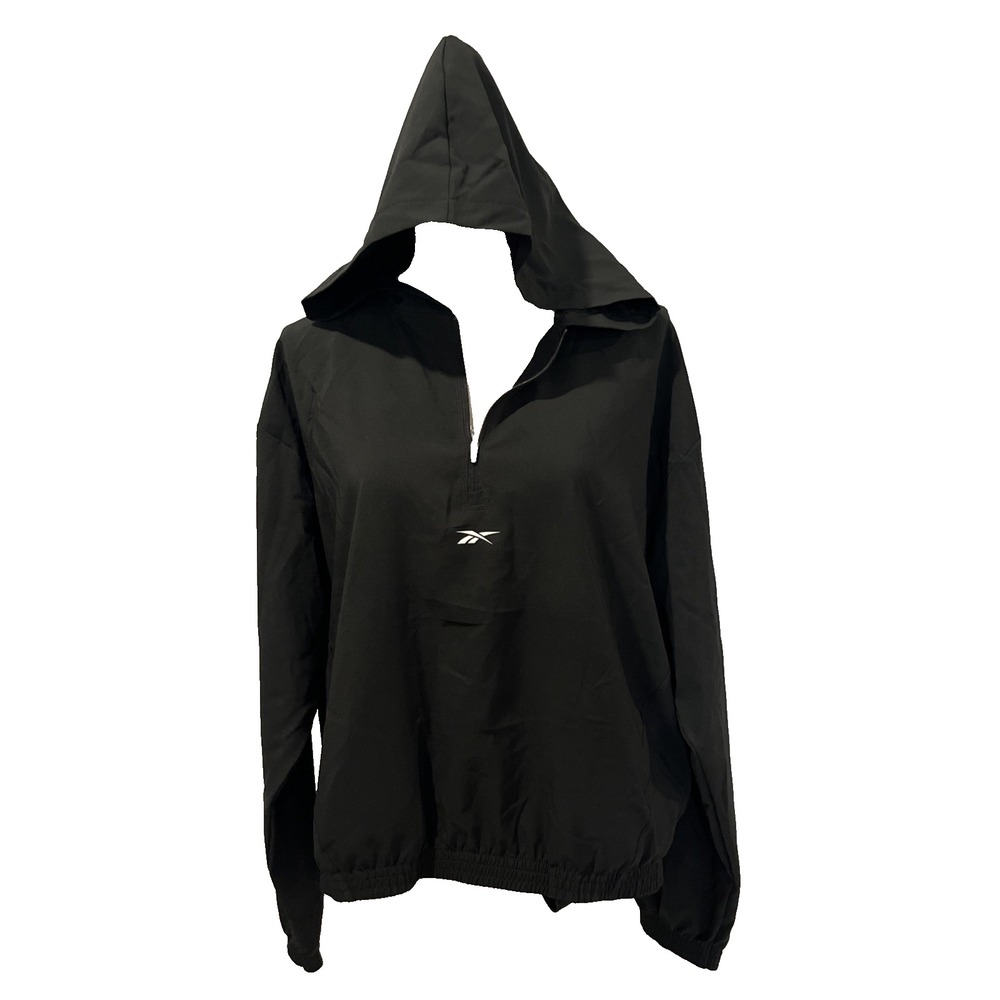 NWT Reebok Womens Size Large Black Windbreaker Hooded Train Workout 1/4 Zip Gym